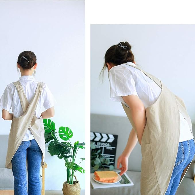 NEWGEM Japanese Cotton Linen Cross Back Cooking Apron for Women Men with Pockets Cute for Baking Kitchen
