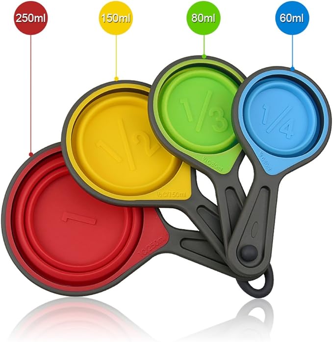 Measuring Cup and Spoon Set, Collapsible Measuring Cup, 8 Piece Measuring Tools and 1 Funnel, Engraved Metric/US Markings, for Liquid and Dry Measurements, Space Saving, BPA Free Silicone, Colorful