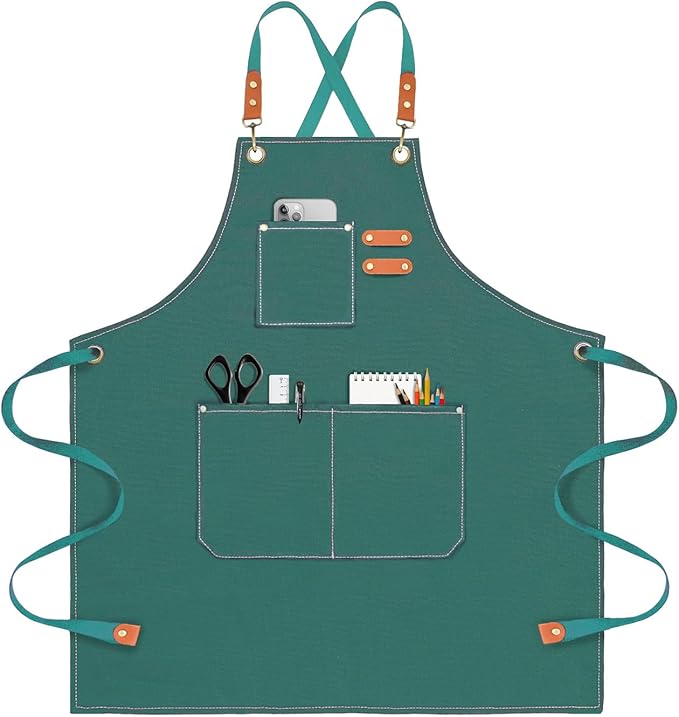 OUNLEN Chef Apron for Men Women Canvas Aprons with 3 Pockets Cross Back Resistant Work Apron for Cooking