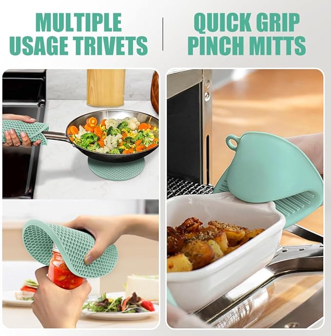 Rorecay 6pcs Oven Mitts and Pot Holders Sets Heat Resistant 500 Degrees, Extra Long Silicone Oven Gloves Non-Slip Potholders Hot Pads for Kitchen Baking Cooking, Quilted Liner, Bermuda Teal