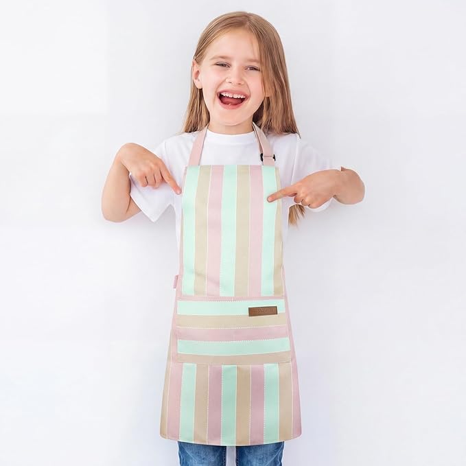 2 Pack Stripes Kids Apron, Kids Cooking Aprons with 2 Pockets, Cute Aprons for Cooking for Boys and Girls