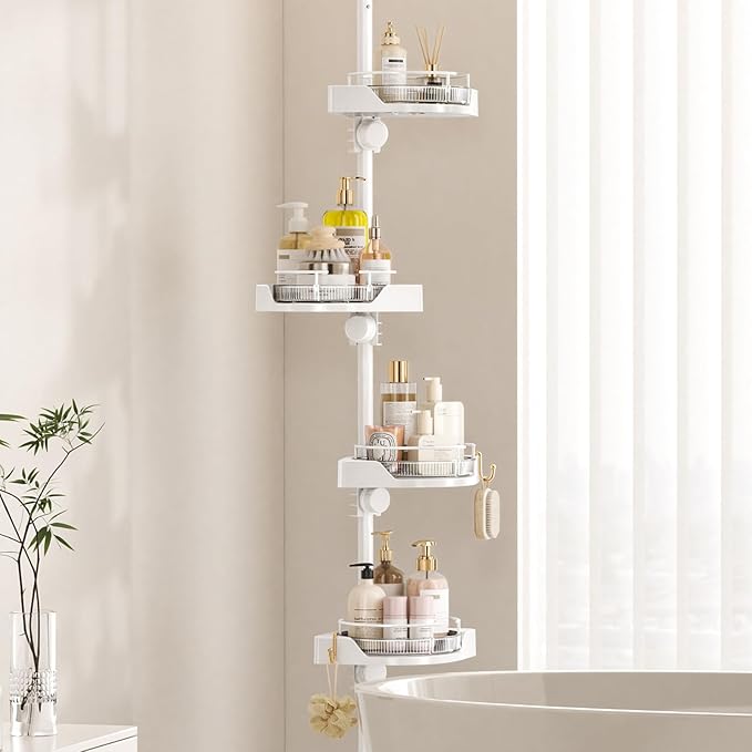akinbas Shower Caddy Tension Pole with 4 L-Lazy Susan Organizer 360 Rotating 35-128 Inch No Drilling Floor Standing Shelves Adjustable Shower Rack for Bathroom Corner (White)