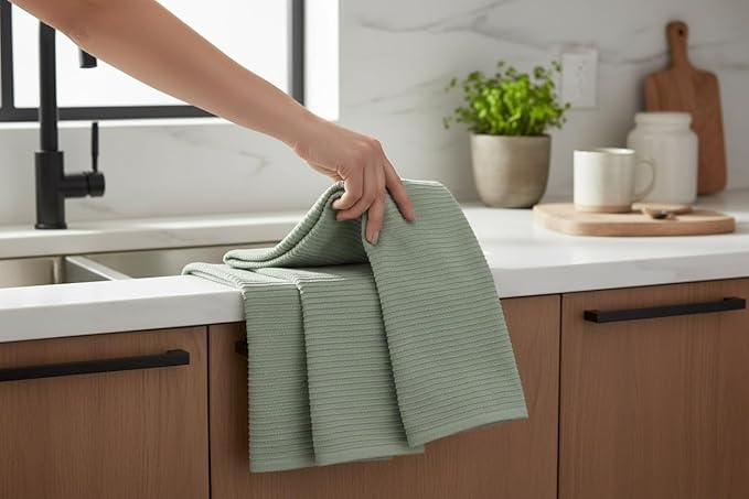Serafina Home Sage Green Kitchen Dish Towels 100% Cotton Cloth Soft Cleaning Drying Absorbent Terry Ribbed Loop: Set of 3 Multipurpose for Everyday Use