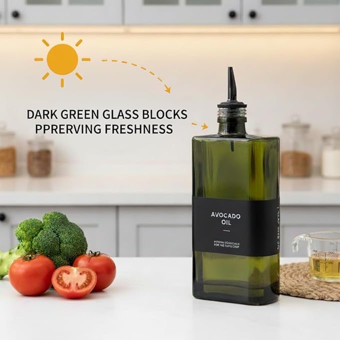 2-in-1 Oil Dispenser & Sprayer 2-Pack, Dark Glass Olive Oil Bottle with Stainless Steel Pourer, Oil Container, Oil & Vinegar Set, Light-Blocking Kitchen Countertop Accessory (Green)