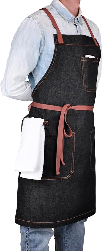 Cooking Apron with Pockets Mens Womens Professional Kitchen Bib Apron for Chef Grill BBQ (Black Denim with Cross Back Straps)