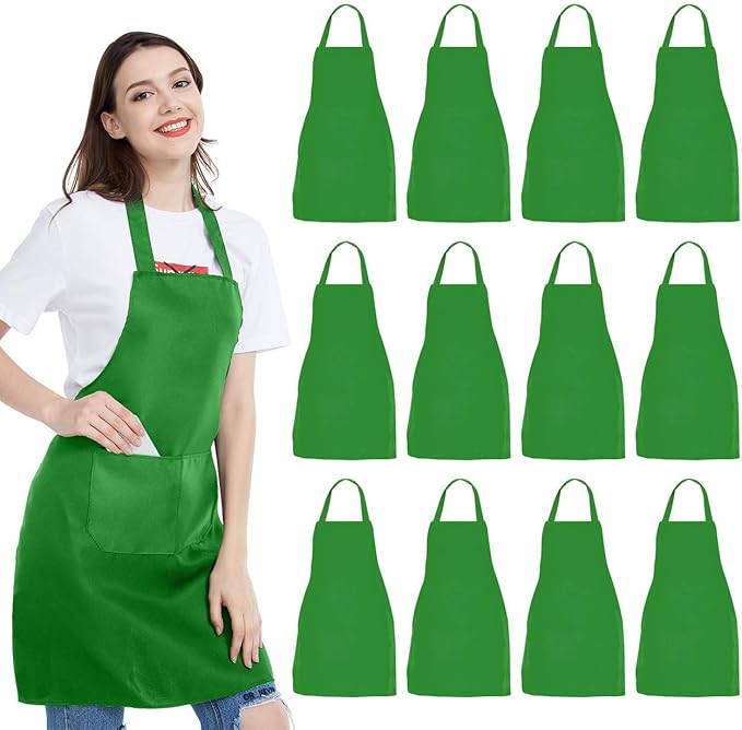 NOBONDO 12 Pack Bib Apron - Unisex Black Apron Bulk with 2 Roomy Pockets Machine Washable for Kitchen Crafting BBQ Drawing