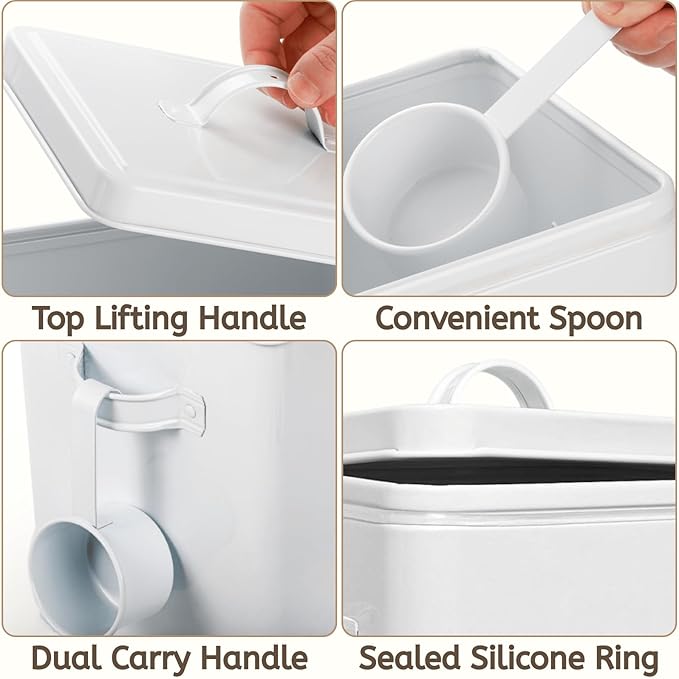 Youeon Metal Flour Container with Scoop and Lid, 6.3 Quart (Holds up to 7 lbs), Galvanized Steel Flour Canister with Handles, Farmhouse Square Storage Bin for Kitchen Counter, Pantry, White