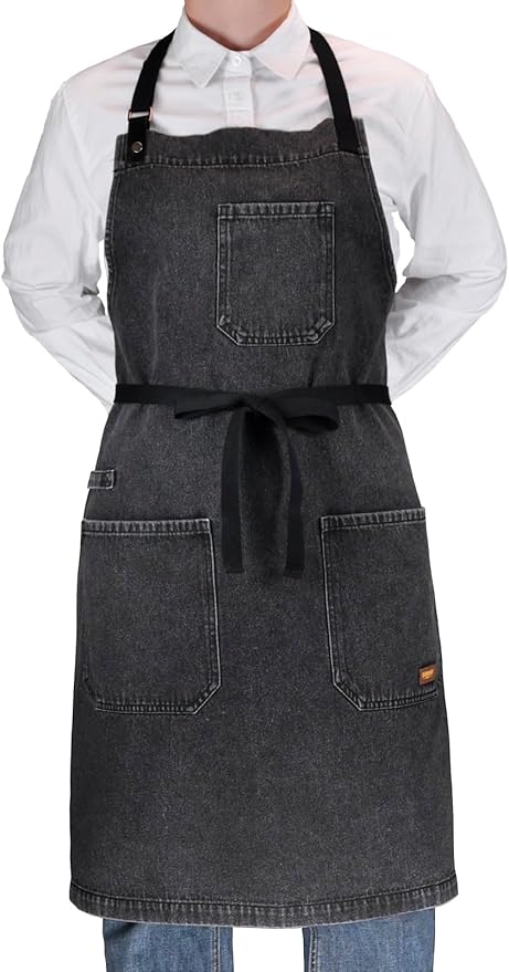 Denim Apron with Pockets, Professional for Mens Womens Chef Kitchen Cooking Grill BBQ Painting Baking, Black Bib with Towel Loop & Adjustable Neck Strap (Black Denim -2)