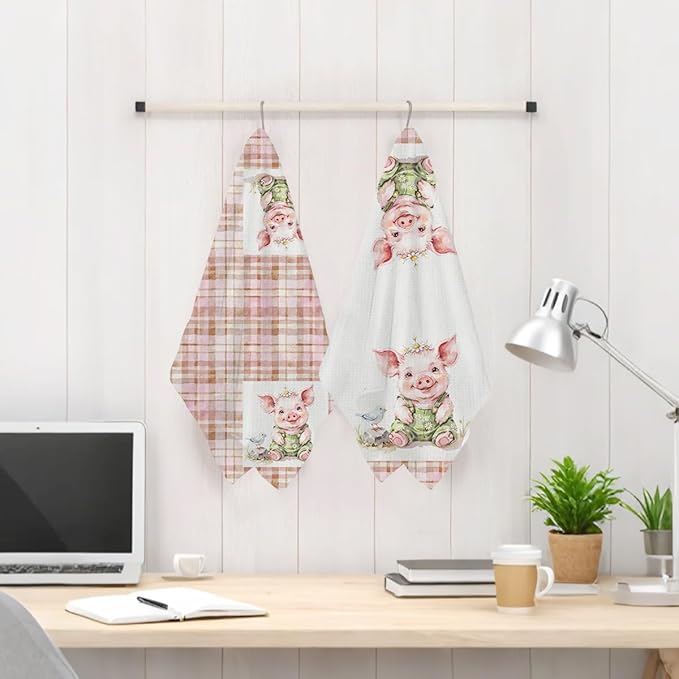 Jztco 2 Pcs Cute Pig Kitchen Towels, Plaid Pink Soft Absorbent Hand Tea Towel, Microfiber Dish Cloths for Drying Dishes, Waffle Dish Towels for Kitchen Bathroom Decor, Pig Gifts for Women Mom Grandma