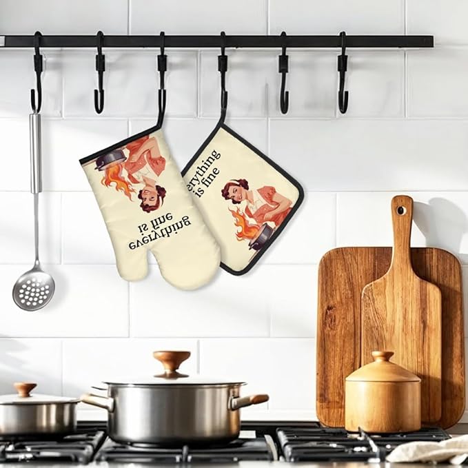 DYJYBMY Everything Is Fine Funny Oven Mitts and Pot Holder Set, Vintage Lady Kitchen Gadgets for Women Bake Lover, Housewarming Gifts for Hostess Chef Friend, Baking Gifts for Mom Wife Aunt Sister BFF