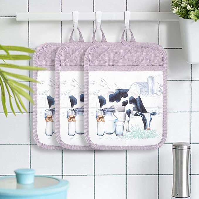 Pot Holders Set of 3 Silicone Printing Non Slip Heat Resistant, Yarm-Dyed Hot Pads Cotton Home Kitchen Cooking Barbecue Microwave Women Men Machine Washable BBQ Grilling. (Purple Potholders)