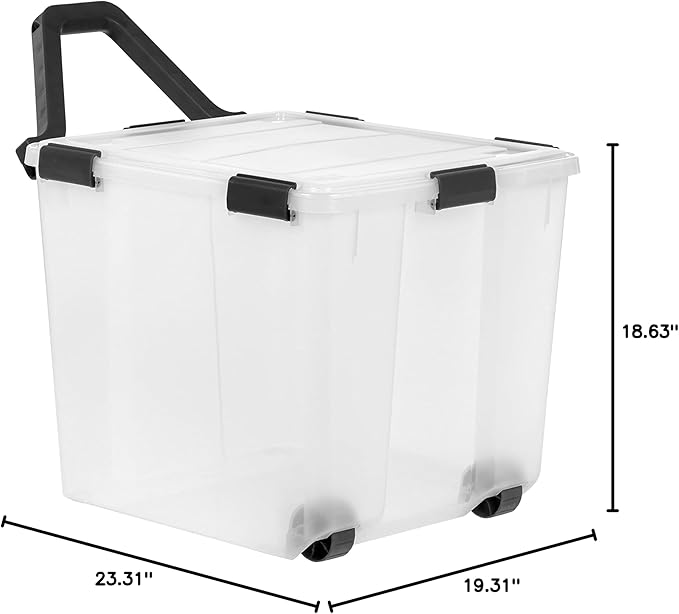 IRIS USA 106 Quart WEATHERPRO Wheeled Plastic Storage Bin Tote Organizing Container with Durable Lid and Seal and Secure Latching Buckles, Clear/Black, 3 Pack