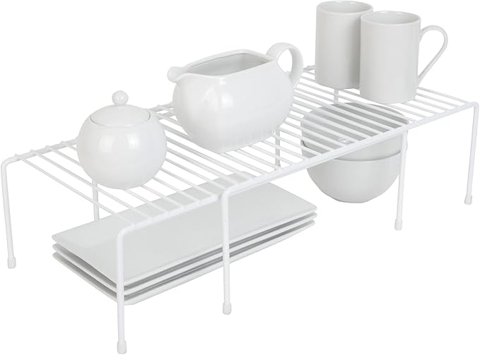 Smart Design Kitchen Storage Expandable Shelf Rack w/ Scratch Resistant Feet - Steel - Rust Resistant Finish - for Cups, Dishes, Cabinet & Pantry Organization - Kitchen (16 x 32.5) [White]