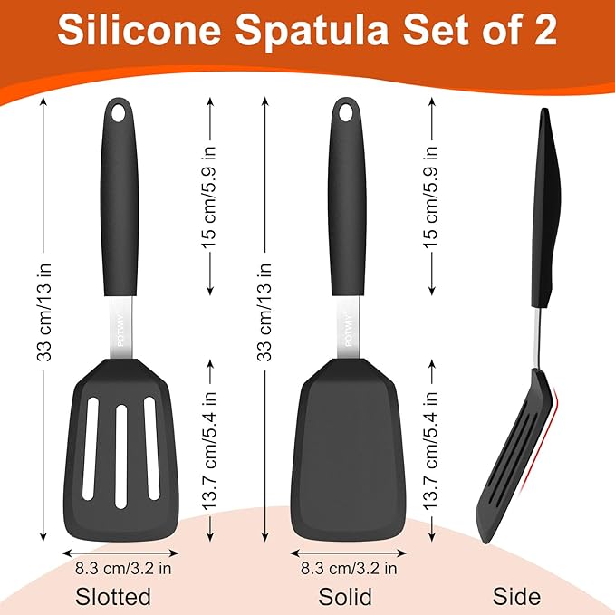 2 Pack Silicone Spatula Set, 600°F Heat Resistant Kitchen Spatula, BPA Free Solid & Slotted Turner, Flexible Cooking Utensils for Non Stick Frying Pan, Flipper for Eggs and Pancakes (Black)