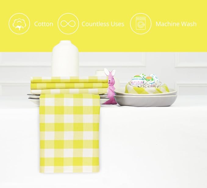 PurpleEssences Buffalo Plaid Cloth Napkins - Mitered Corners - Spring Easter Summer - Gingham Check Dinner Napkin - Set of 12-100% Cotton - 18x18 Inch - Reusable Washable - Yellow and White