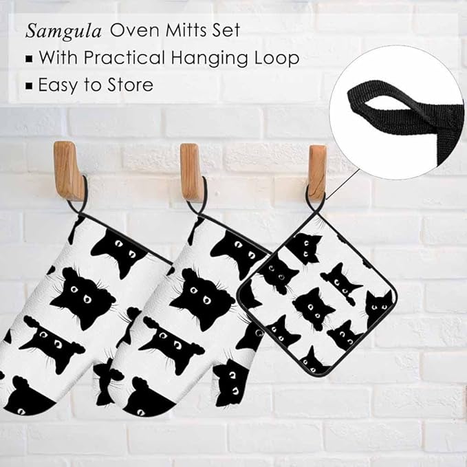 Black Cats Oven Mitts and Pot Holders Sets Bright Eyes Lovely Action Collection Heat Resistant 3pcs for Cooking Baking BBQ