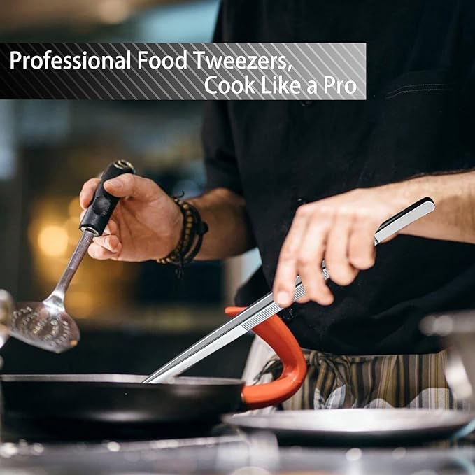 JETKONG 2 Pcs 12-Inch Cooking Tweezers Stainless Steel, Straight Food Tweezers, Professional Kitchen Tweezer/Forceps for Cooking Repairing and BBQ (12-Inch, Silver)