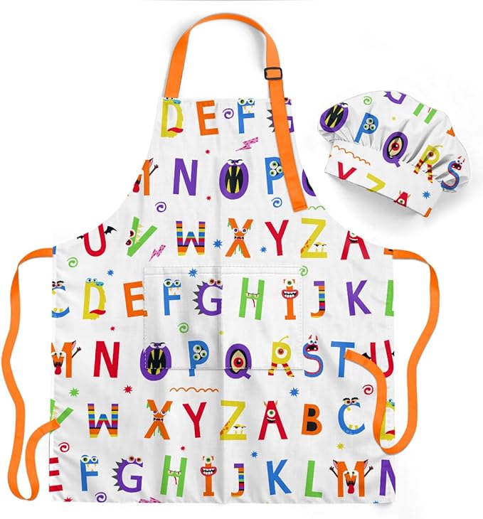 SANDJEST Kids Apron with Chefs Hat Set, Kitchen Apron Gifts