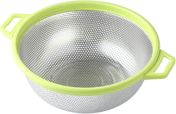 HiramWare Stainless Steel Colander With Handle and Legs, Large Metal Green Strainer for Pasta, Spaghetti, Berry, Veggies, Fruits, Noodles, Salads, 5-quart 10.5” Kitchen Mesh Colander, Dishwasher Safe