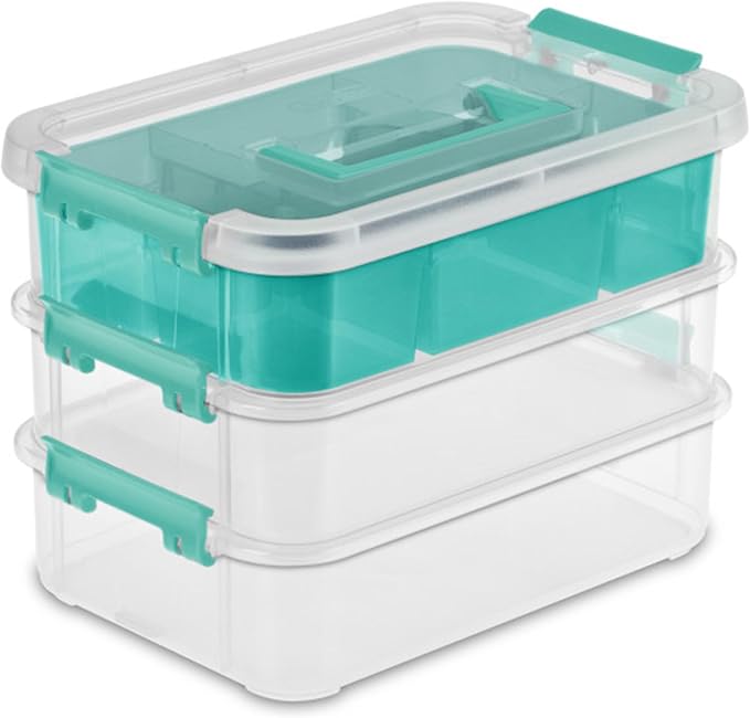 Sterilite 12 Pack Plastic Storage Box Container, 3 Layer, Stack and Carry, Clear/Blue
