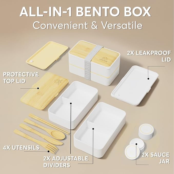 Umami Bento Box Adult All-In-1 w/4 Utensils, Big Sauce Jar, 2 Dividers, 100% Leakproof, Microwave & Dishwasher Safe, Stackable Bento Lunch Box Containers for Men/Women, White & Tan, 40 oz