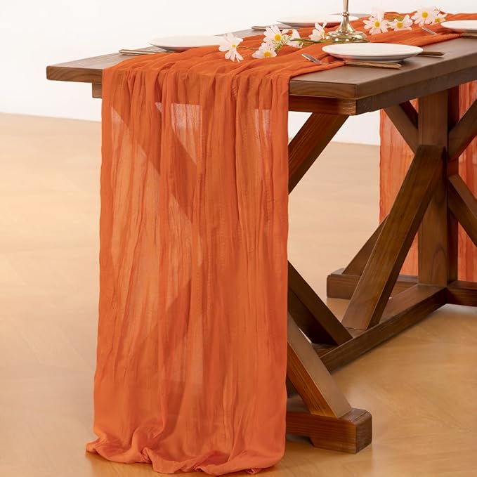 Socomi 2pcs Orange Cheesecloth Table Runner Easter Spring Boho Rustic Gauze 120 inch 10FT Cheese Cloth Runner for Wedding Party Baby Shower Birthday Home Decor Holiday Decorations