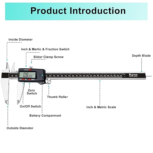 Kynup Micrometer Caliper Tool, 12Inch Digital Caliper, Vernier Caliper with Stainless Steel, Large LCD Screen, Auto - Off Feature, Inch Metric Fraction Conversion