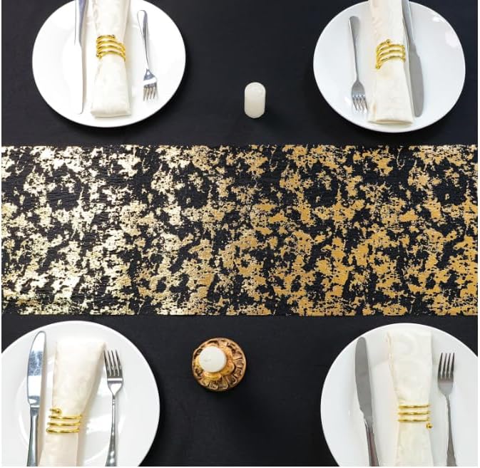 Snowkingdom 2 Pcs Black and Gold Table Runner, 11 x 108 Inch Gold Metallic Foil Glitter Runners for Party, Table Centerpieces Decorations for Birthday Wedding Graduation Fall Thanksgiving Christmas