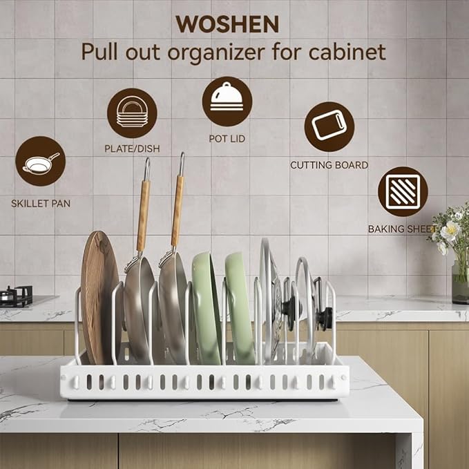 Pots and Pans Organizer Under Cabinet, Pull Out Pots and Pans Organizer, Under Cabinet Pot Lid Holder, Sliding type Pots and Pans Storage for Pot Lid, Bakeware, Dishes, 10 Adjustable Dividers