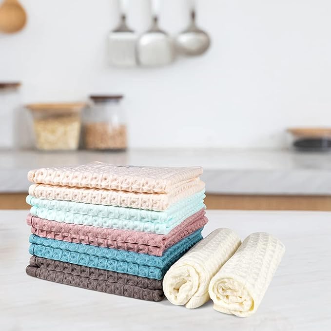 vfaejll 12 Pcs 13" x 13" Waffle Weave Kitchen Dish Cloths Set, 100% Cotton Super Absorbent Dish Towels for Washing Dishes & Drying, Multi Color