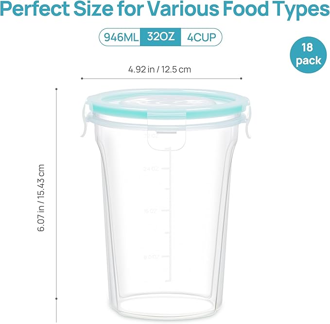 Vtopmart 18 Pack 32oz Freezer Storage Containers, Soup Container with Airtight Lids, Reusable Plastic Meal Prep Container, Deli Containers for Lunch, Salad, Leftover, Oats, Microwave/Dishwasher Safe