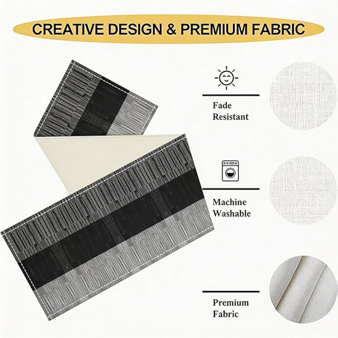 Niviy Black Grey Boho Table Runner, 12x72 Inch Washable Easy to Clean Farmhouse Indoor Outdoor Table Runner for Holiday Party Kitchen Dining Room Decoration
