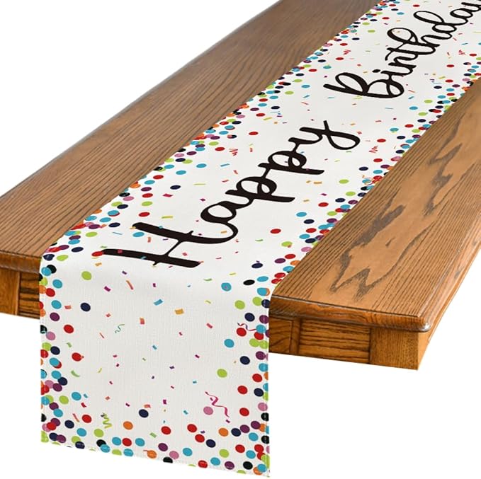 Artoid Mode Polka Dot Beige Happy Birthday Table Runner, Seasonal Kitchen Dining Table Decoration for Home Party Decor 13x36 Inch