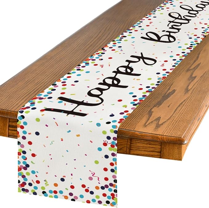 Artoid Mode Polka Dot Beige Happy Birthday Table Runner, Seasonal Kitchen Dining Table Decoration for Home Party Decor 13x108 Inch