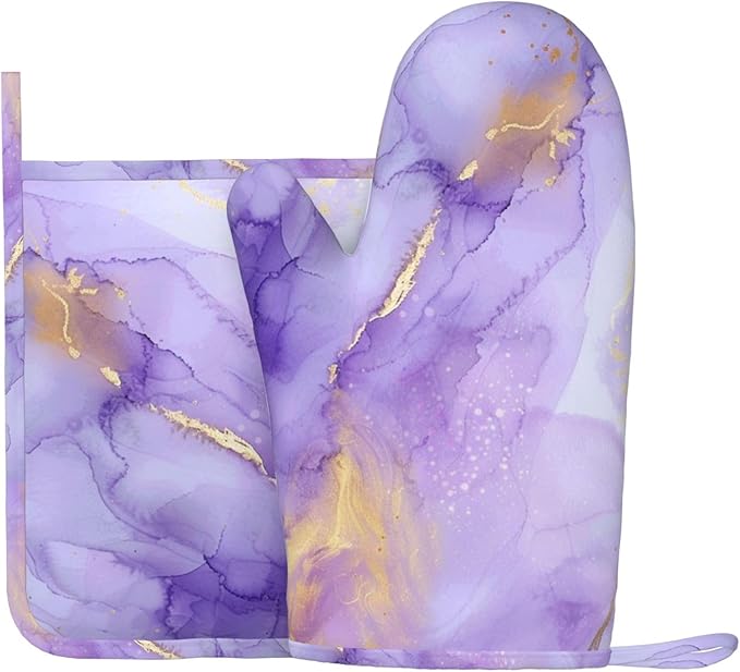 Oven Mitts and Pot Holders Pastel Purple Marble Silicone Kitchen Accessories Set of 2 Heat Resistant Long Gloves Potholder Non-Slip Grip for Chef Cooking Baking Grilling BBQ
