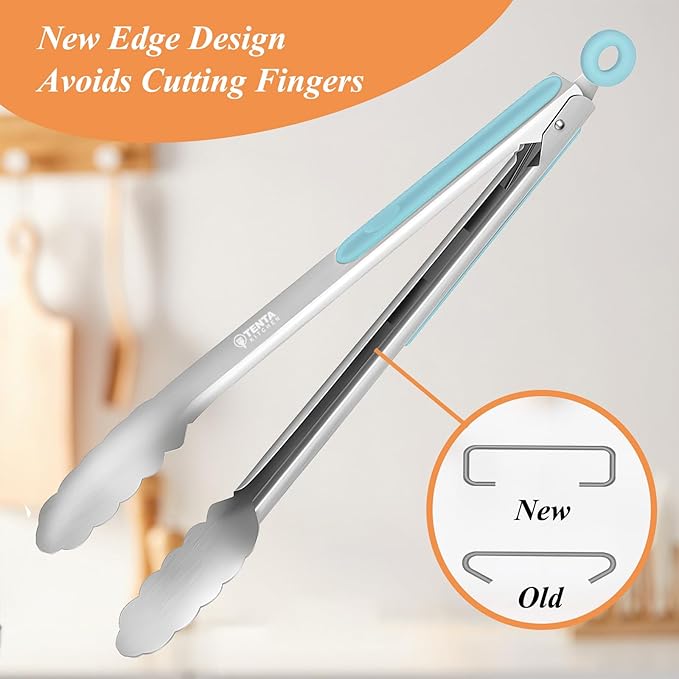 Tongs for Cooking, 12-Inch Stainless Steel Kitchen Tongs, Locking with Silicone Non-Slip Grip, Kitchen Utensils for Food, Salad and Outdoor BBQ, Set of 4 (Blue)