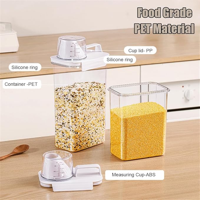 2Pcs Rice Dispenser Storage Containers, 1.1L Small Rice Bucket with Measuring Cup & Pour Spout, Kitchen Plastic Airtight Container for Cereal, Grain, Flour, Sugar, Oatmeal, Dry Pet Dog Food