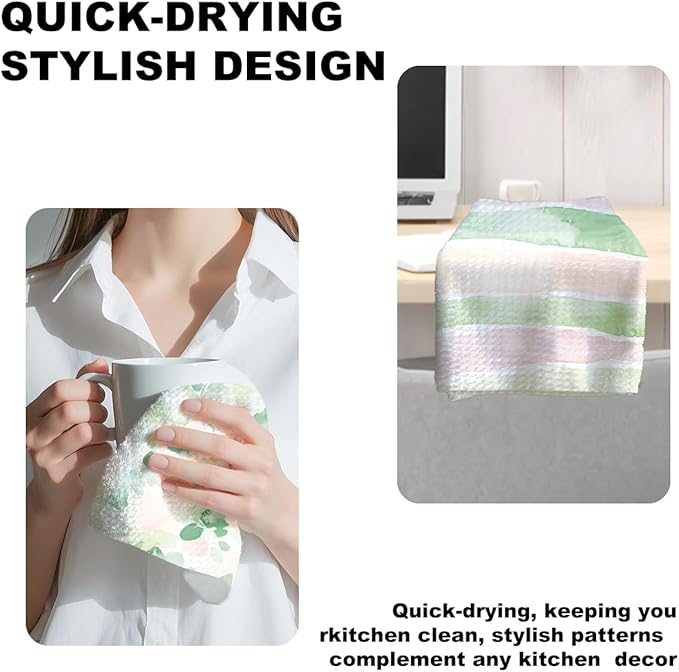 3 Pcs Pastel Pink Green Stripe Kitchen Towels, Watercolor Flower Leaves Decorative Absorbent Microfiber Dish Cloth Tea Towel, Waffle Hand Towels for Farmhouse Home Bathroom, Housewarming Gifts