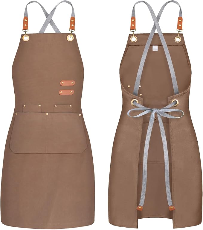 BeLuyi chef apron bib tool apron for man woman cross back straps with 4 pockets for kitchen cooking gardening baking working