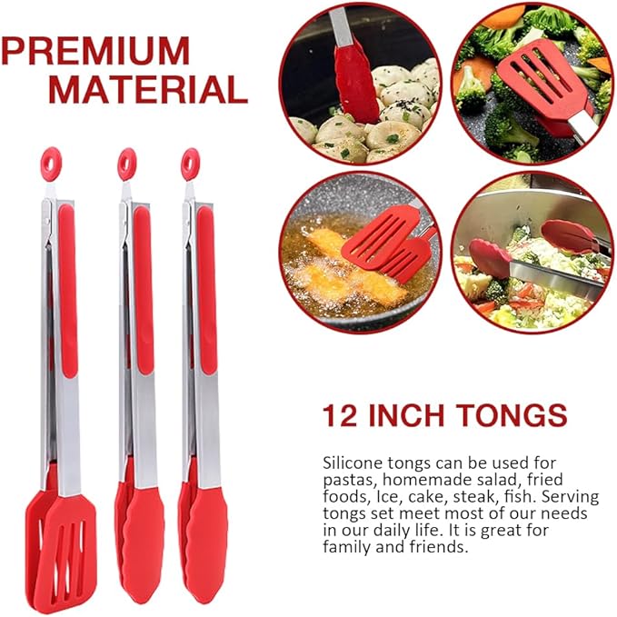 12 Inch Kitchen Tongs Set of 3, Cooking Tongs with Silicone Tips and Stainless Steel Handle, Tongs for Cooking, Baking, Grilling(Red)
