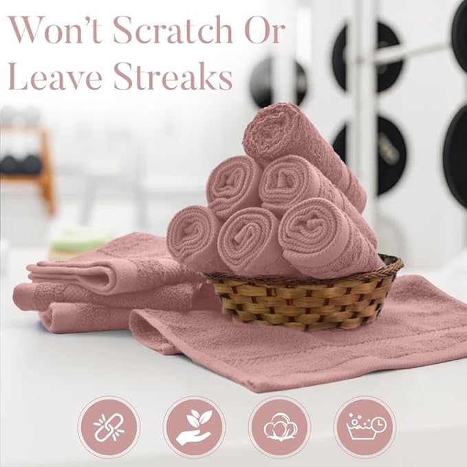 DAN RIVER 12-Pack Premium 100% Cotton Dusty Rose Face Towels for Bathroom - Reusable Face Wash Cloths for Showering 12x12 Inches - 550 GSM Super Soft & Absorbent Luxury WashCloths for Body, Spa & Gym