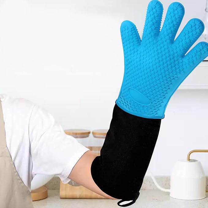 1 Pair Extra Long Professional Oven Mitts, Non-Slip Silicone Grip Heat Resistant,19.7" Length,Up to 572℉ for BBQ Cooking Baking Grilling (Blue)