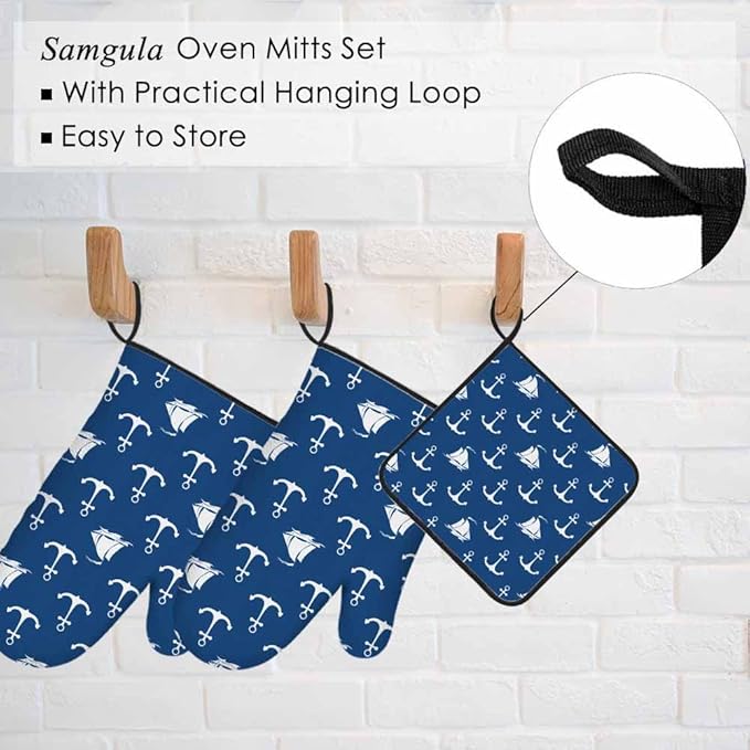 Ship Anchor Oven Mitts and Pot Holders Sets Sailing Vessel Sea Travel Heat Resistant 3pcs for Cooking Baking BBQ