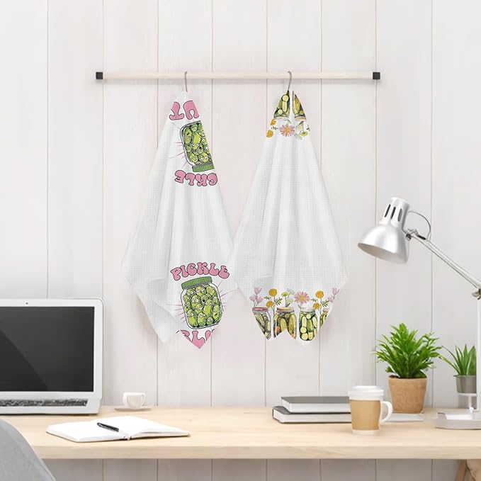 2Pcs Pickle Kitchen Towels, Pickle Lover Gifts Floral Tea Towel Decorative Reusable Dish Hand Towels Food Lover Gift for Cleaning Drying Women Housewarming Gift 14 x 24 Inch Kitchen Decor