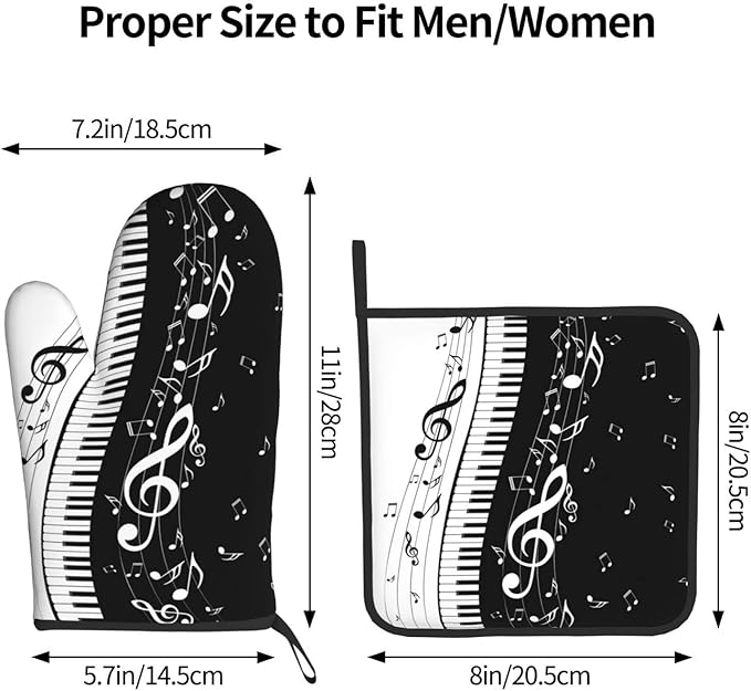 Piano Keys and Notes Oven Mitts and Pot Holders Heat Resistant Oven Mitts Safe for Baking Cooking BBQ