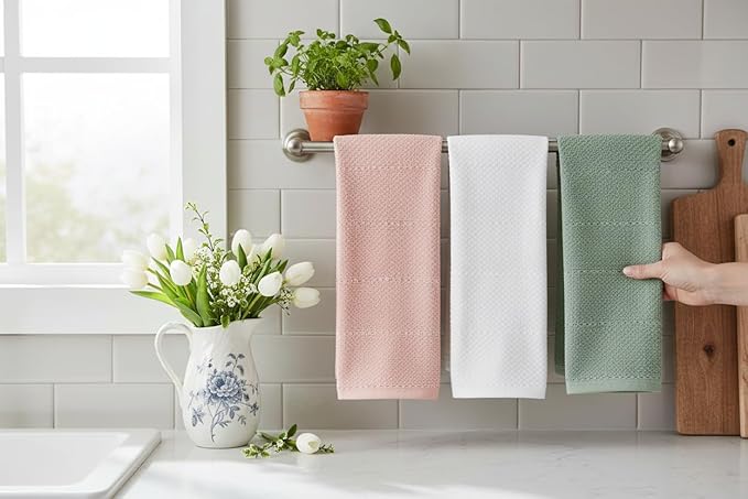 Sage White Light Pink Kitchen Hand Dish Towels: Oversized 28" x 18",100% Cotton Cloth Soft Cleaning Drying Absorbent Textured Design, Set of 3 Multipurpose for Everyday Use - Natural Collection