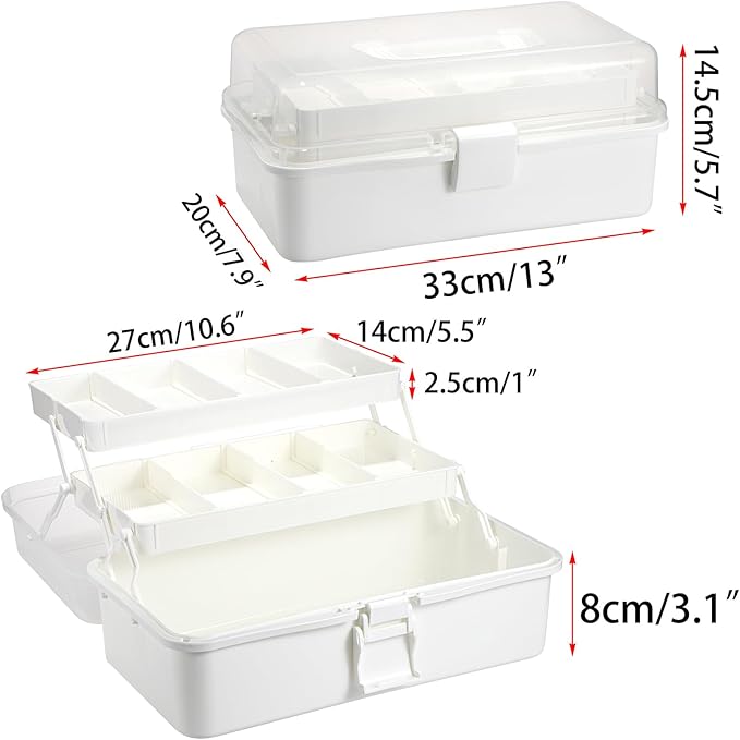 BTSKY 3-Layer Plastic Dividing Storage Box Craft Organizer with Adjustable Spacers Portable Handled Art Supply Organizer Multipurpose Home Utility Box for Medicine Box Sewing Box (Beige White)