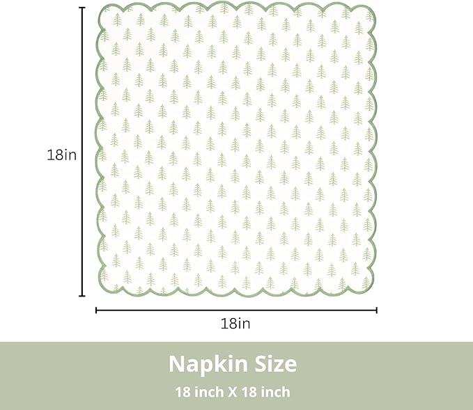 PurpleEssences Scalloped Embroidery Cloth Napkins - Spring Easter Summer - Table Decor - 100% Cotton - Set of 4-18x18 inch - Christmas Tree - Edges - Sage Green