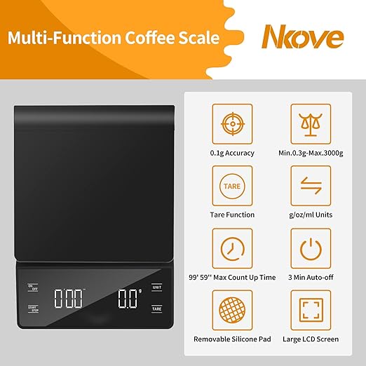 NKOVE Digital Coffee Scale with Timer 3kg/0.1g High Precision Espresso Scale Tare Function for Pour Over Maker Brew