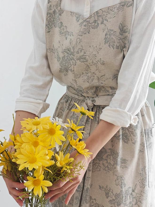 Floral Cotton Waterproof Adult Kitchen Apron Adjustable Cooking Baking Garden Chef Apron with Pocket